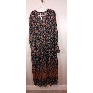 Free People See It Through Floral Maxi Dress L Sheer Boho Long Sleeve New